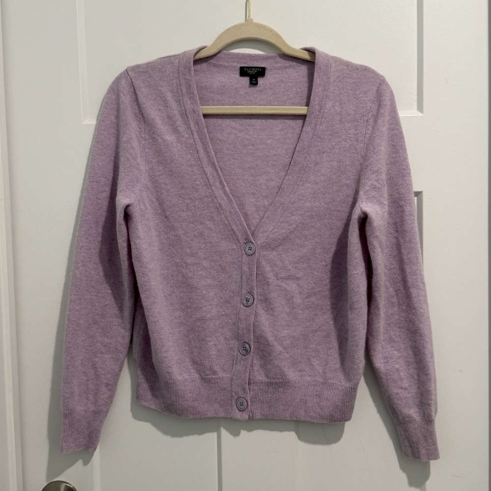 Talbots Light Purple Lilac Lambswool Angora Blend Cardigan Sweater Medium Petite